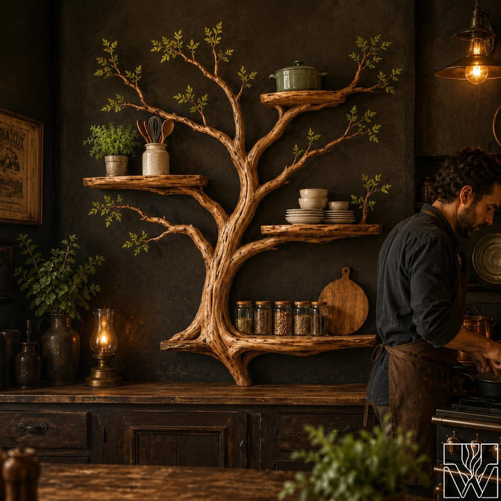 Multi-Layer Sculptural Wood Tree Branch Wall Shelf