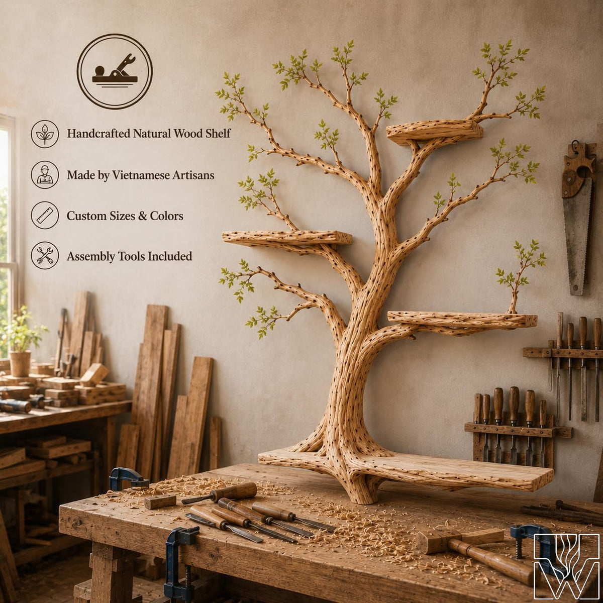 Multi-Layer Sculptural Wood Tree Branch Wall Shelf