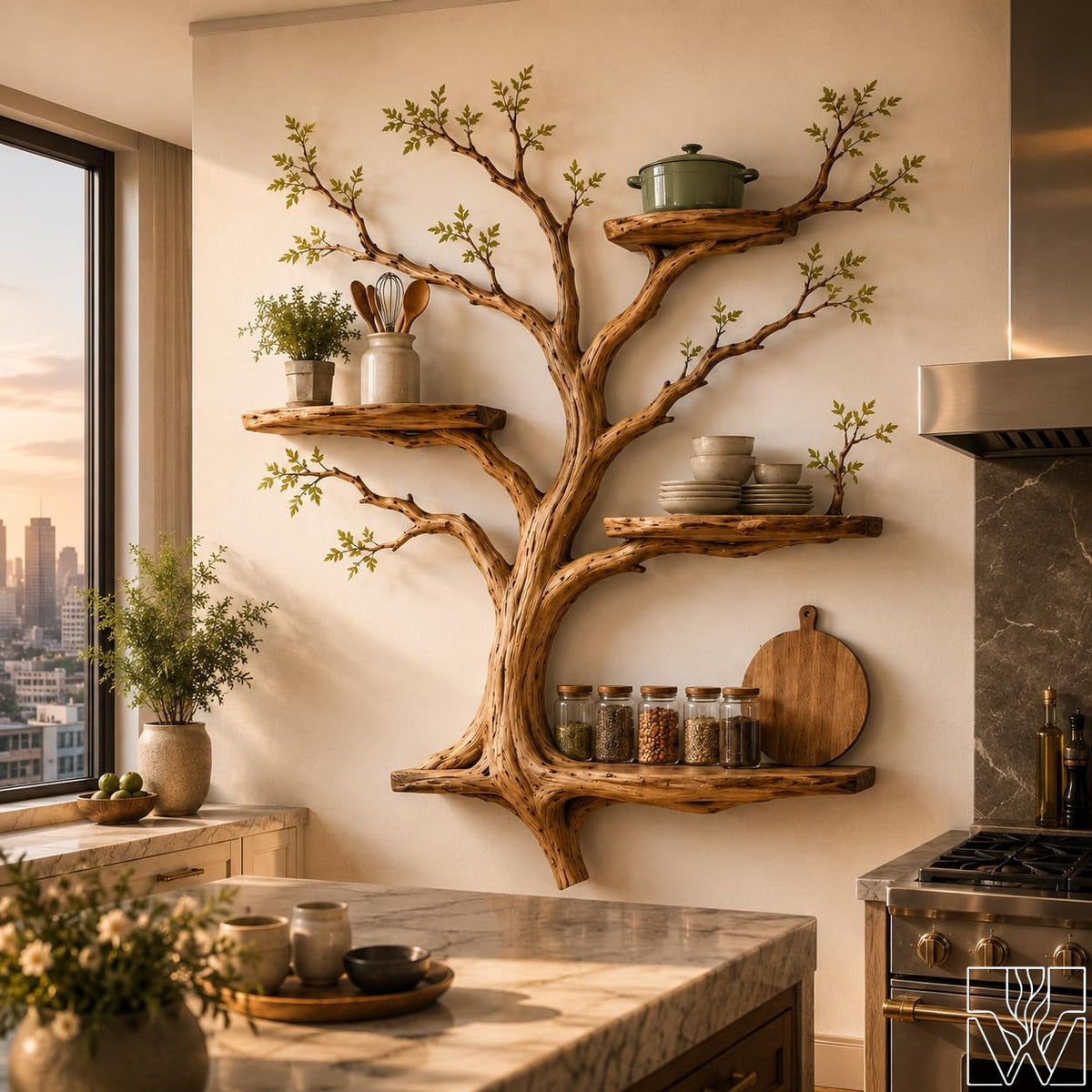Multi-Layer Sculptural Wood Tree Branch Wall Shelf