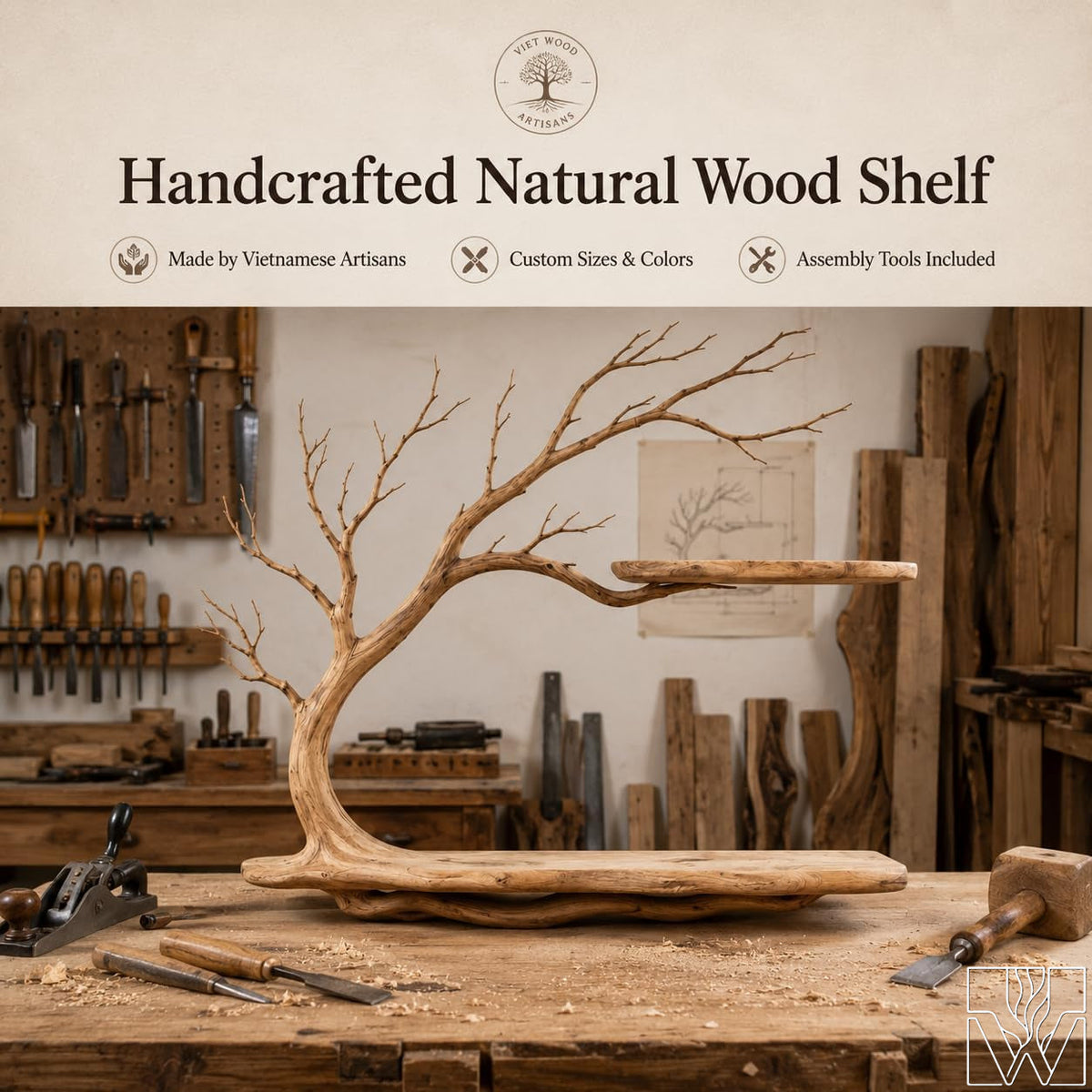 Unique Natural Wood Tree Branch Floating Wall Shelf