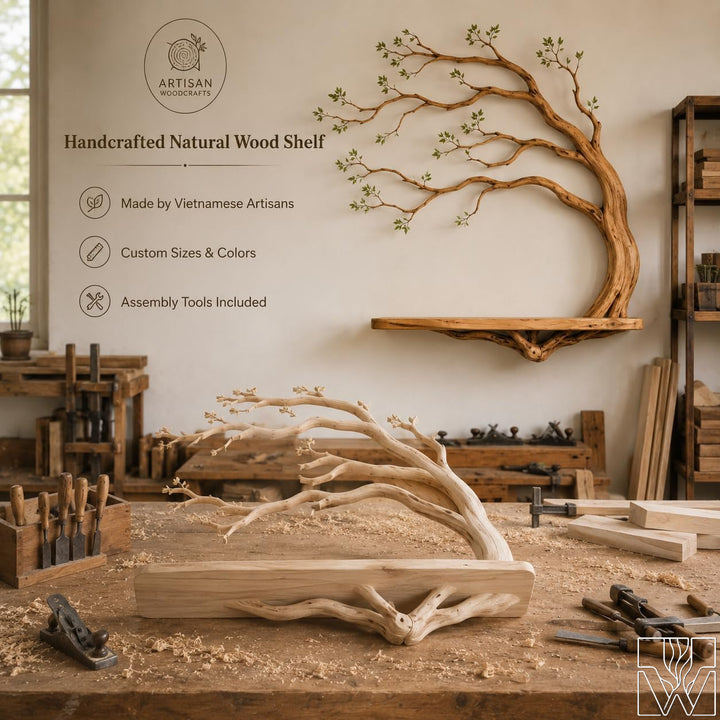 Handcrafted Natural Wood Tree Branch Floating Shelf