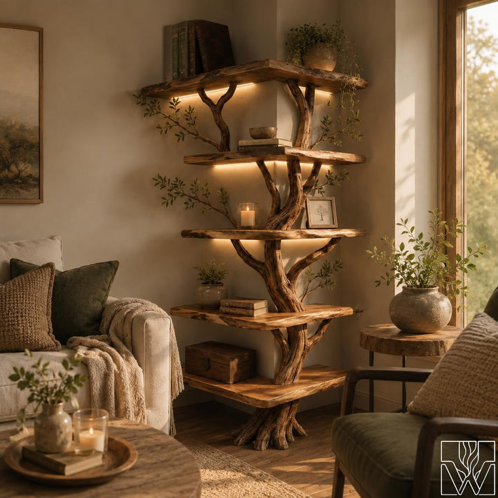 Rustic Corner Tree Branch Solid Wood Floor Bookshelf