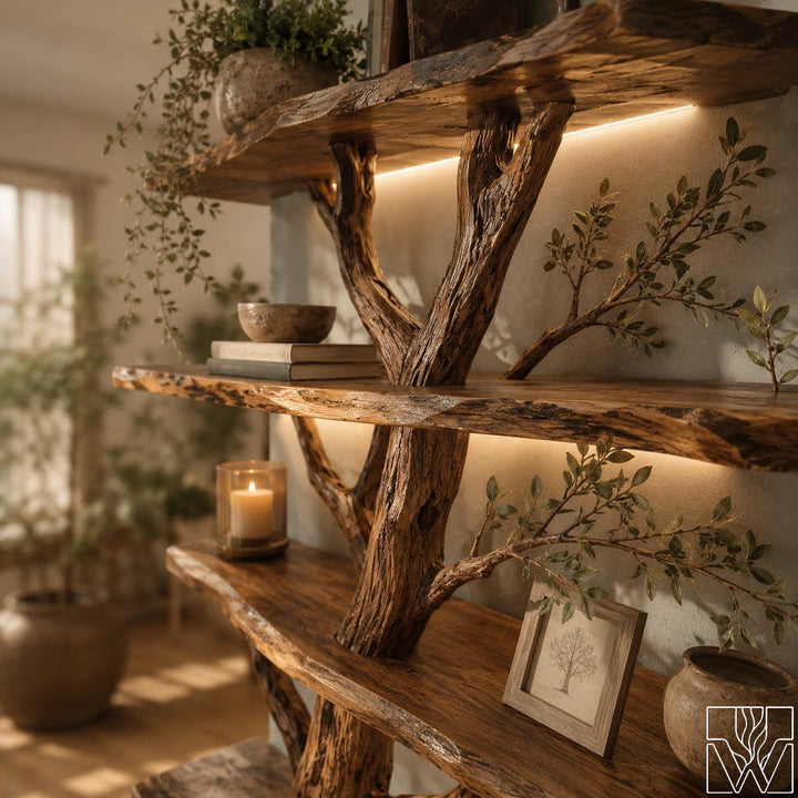 Rustic Corner Tree Branch Solid Wood Floor Bookshelf