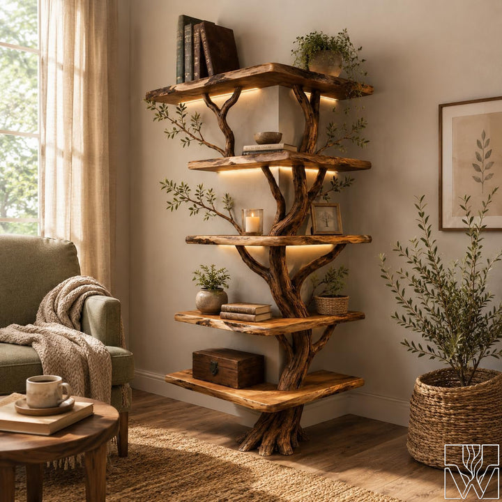 Rustic Corner Tree Branch Solid Wood Floor Bookshelf