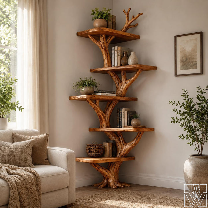 Custom Tier Corner Tree Branch Solid Wood Bookshelf