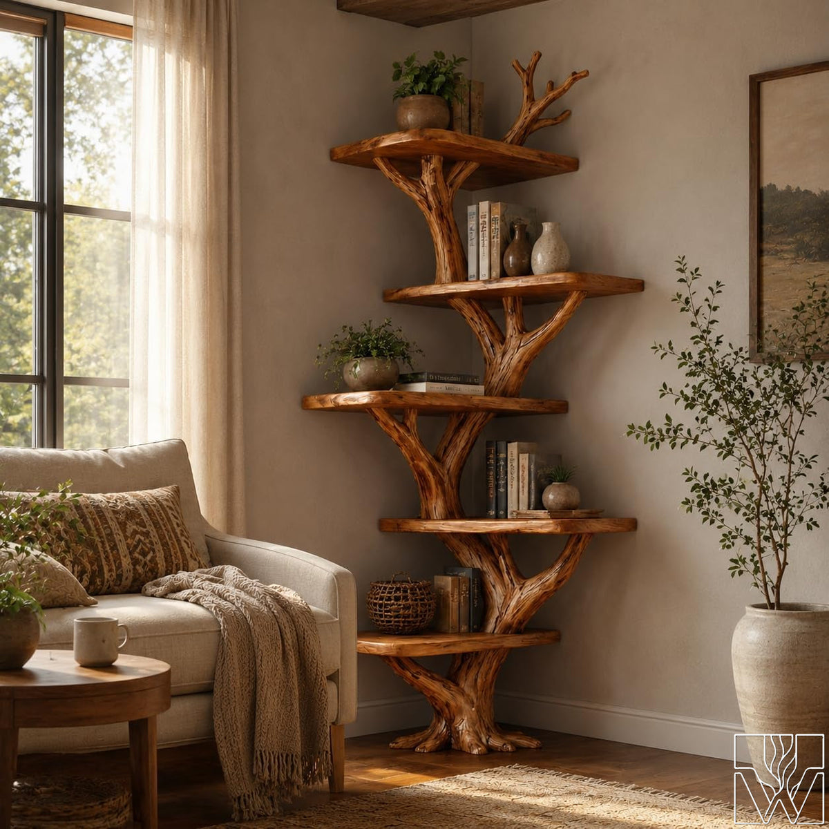 Custom Tier Corner Tree Branch Solid Wood Bookshelf