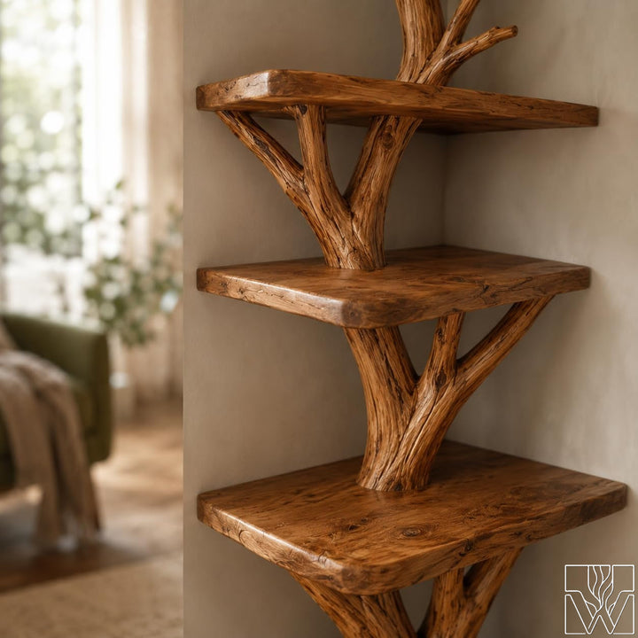 Custom Tier Corner Tree Branch Solid Wood Bookshelf