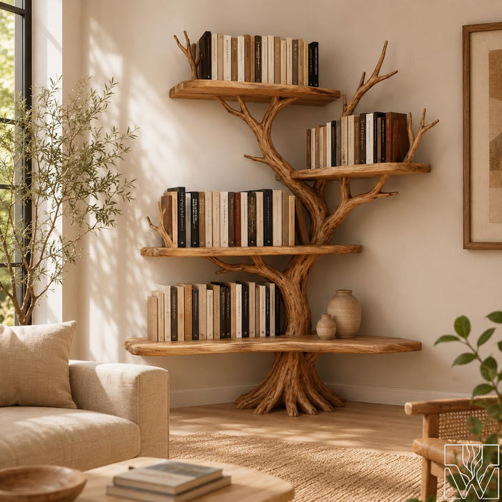 6-Tier Solid Wood Tree Branch Corner Bookshelf for Rustic Decor