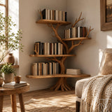 6-Tier Solid Wood Tree Branch Corner Bookshelf for Rustic Decor