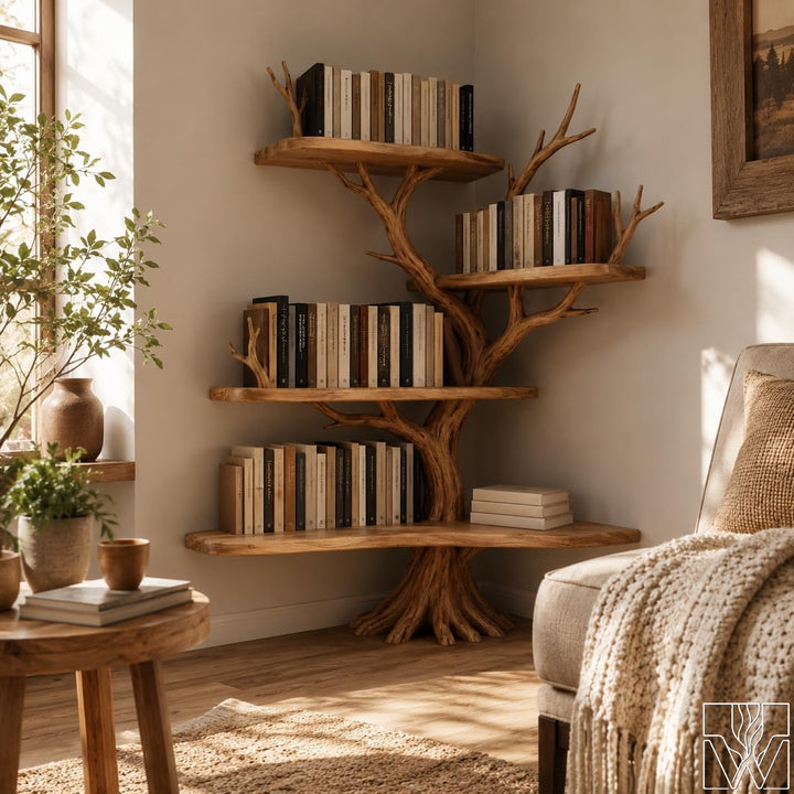 6-Tier Solid Wood Tree Branch Corner Bookshelf for Rustic Decor