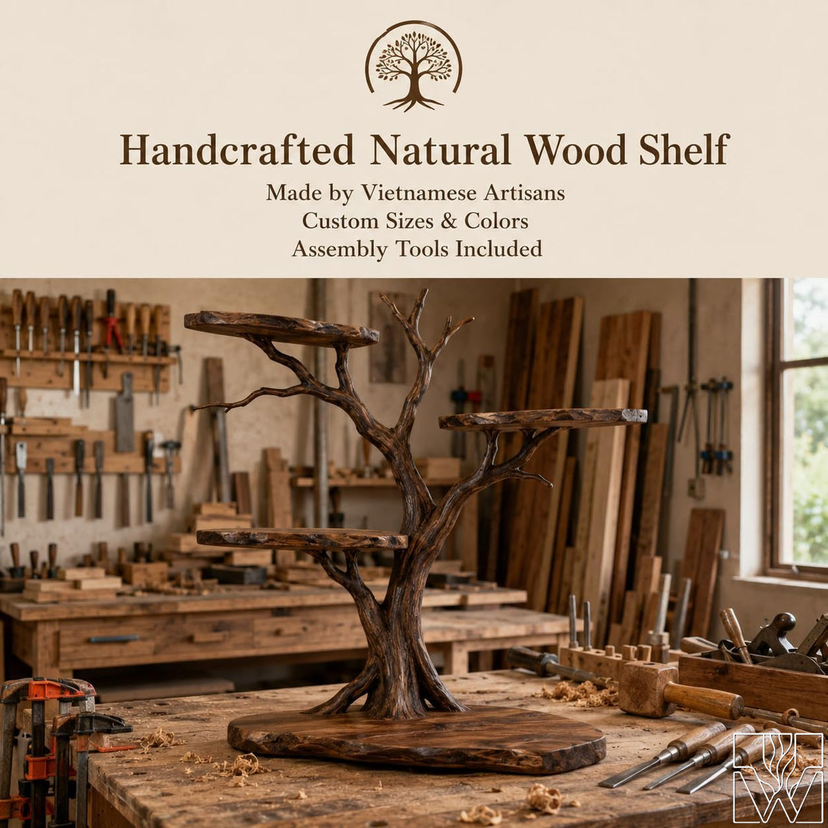 Unique Multi-Layer Natural Wood Tree Branch Bookshelf