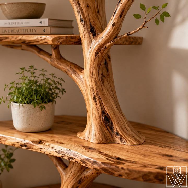 Solid Wood Multi-Layer Tree Branch Corner Bookshelf