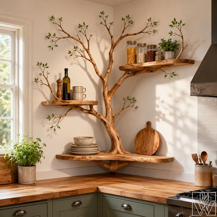 Solid Wood Multi-Layer Tree Branch Corner Bookshelf