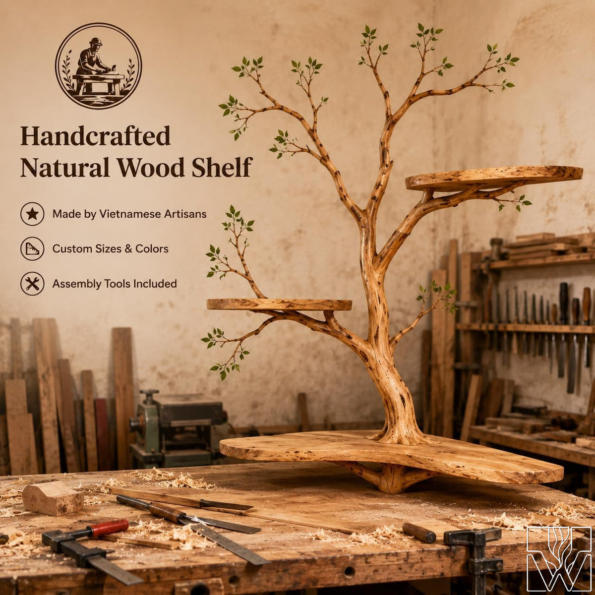 Solid Wood Multi-Layer Tree Branch Corner Bookshelf