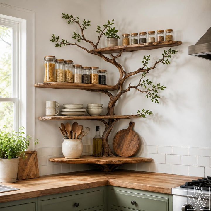 Handcrafted Natural Wood Tree Branch Corner Bookcase