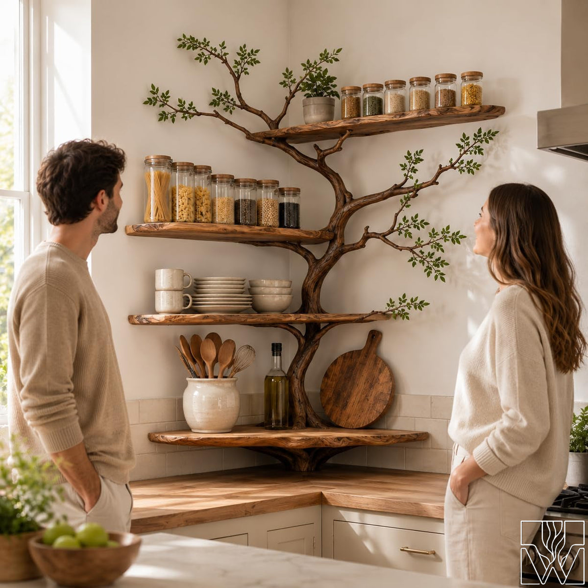 Handcrafted Natural Wood Tree Branch Corner Bookcase