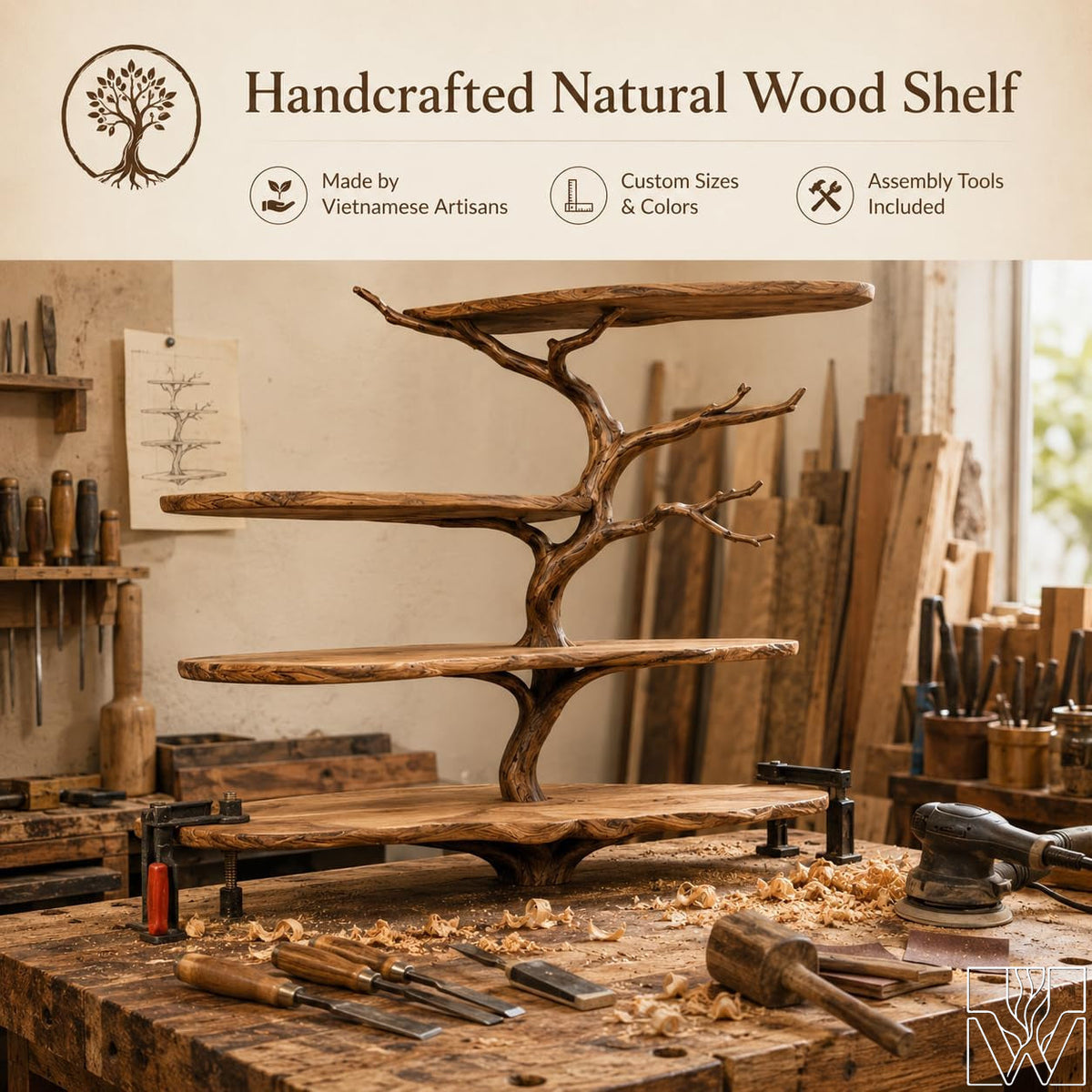 Handcrafted Natural Wood Tree Branch Corner Bookcase