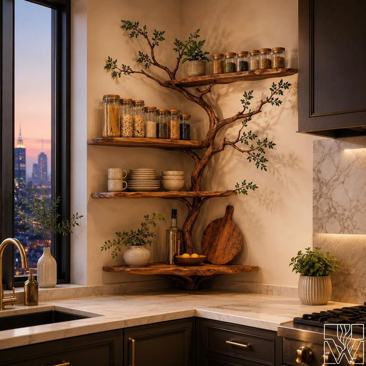 Handcrafted Natural Wood Tree Branch Corner Bookcase