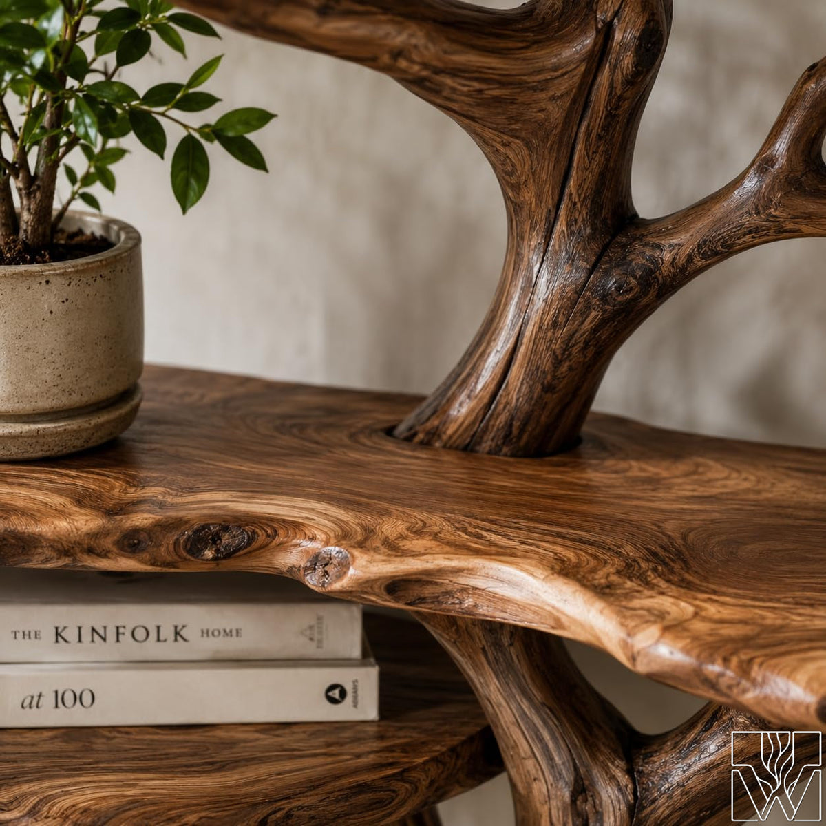 Handcrafted Natural Wood Tree Branch Corner Bookcase