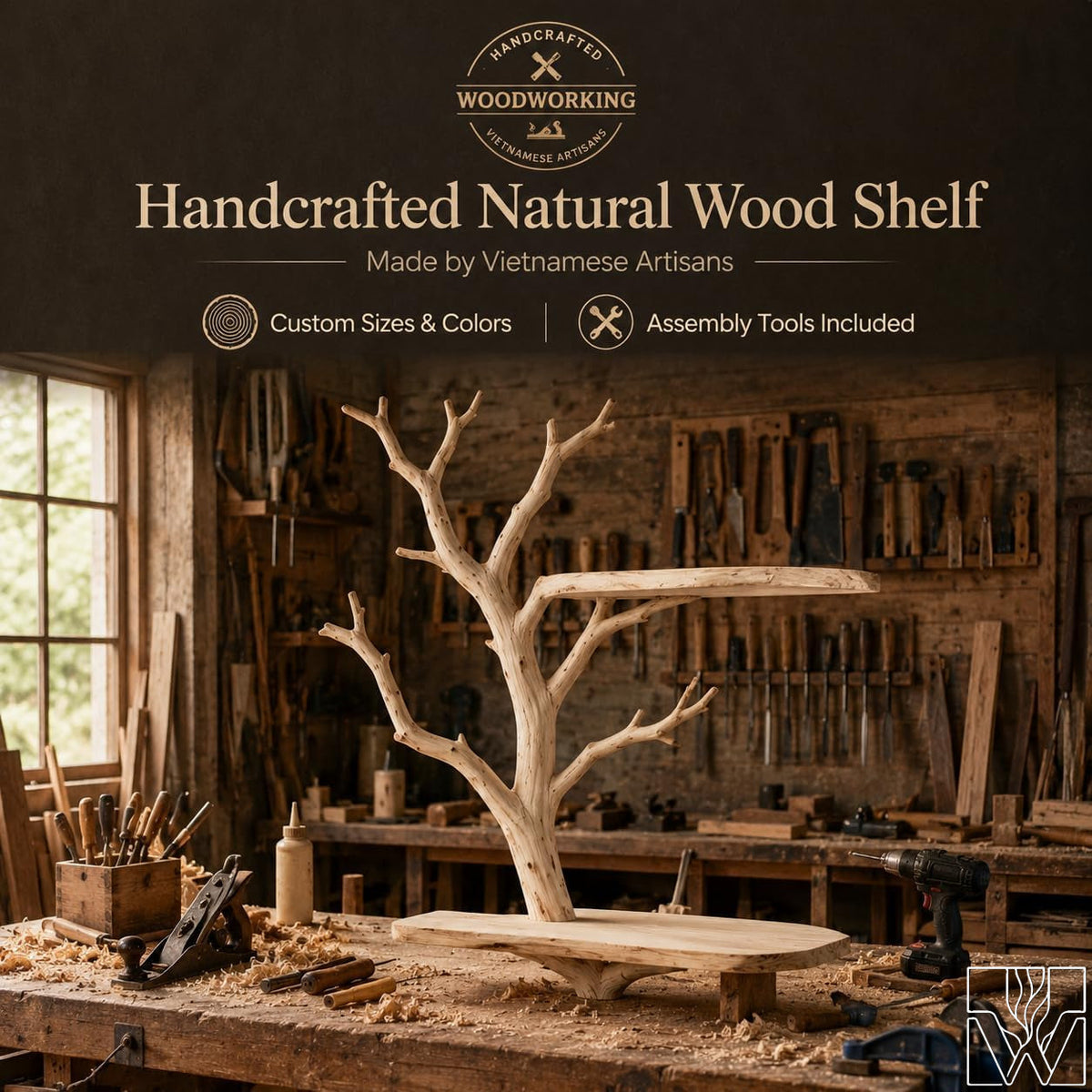 Unique Handcrafted Natural Wood Tree Branch Corner Shelf