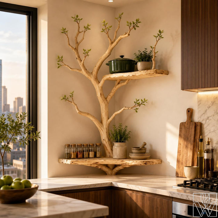 Unique Handcrafted Natural Wood Tree Branch Corner Shelf