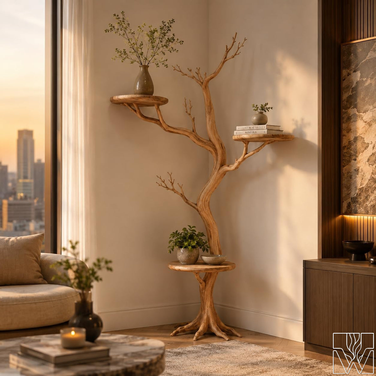 Handcrafted Tree Branch Book Shelf Corner Bookcase