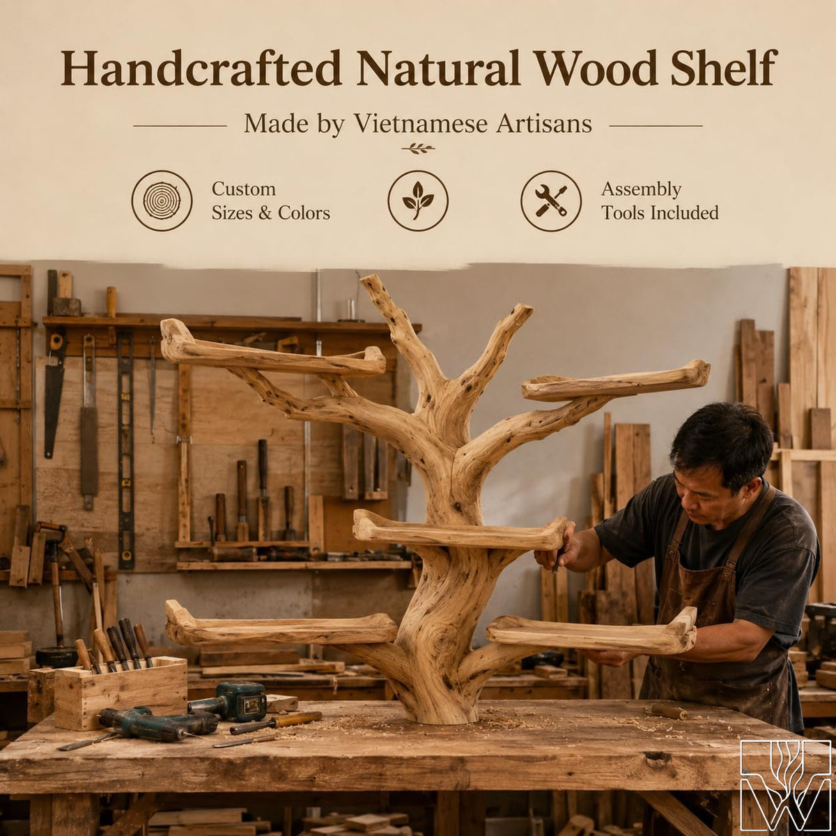 Handcrafted Tree Branch Book Shelf Corner Bookcase