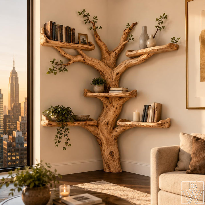 Handcrafted Tree Branch Book Shelf Corner Bookcase