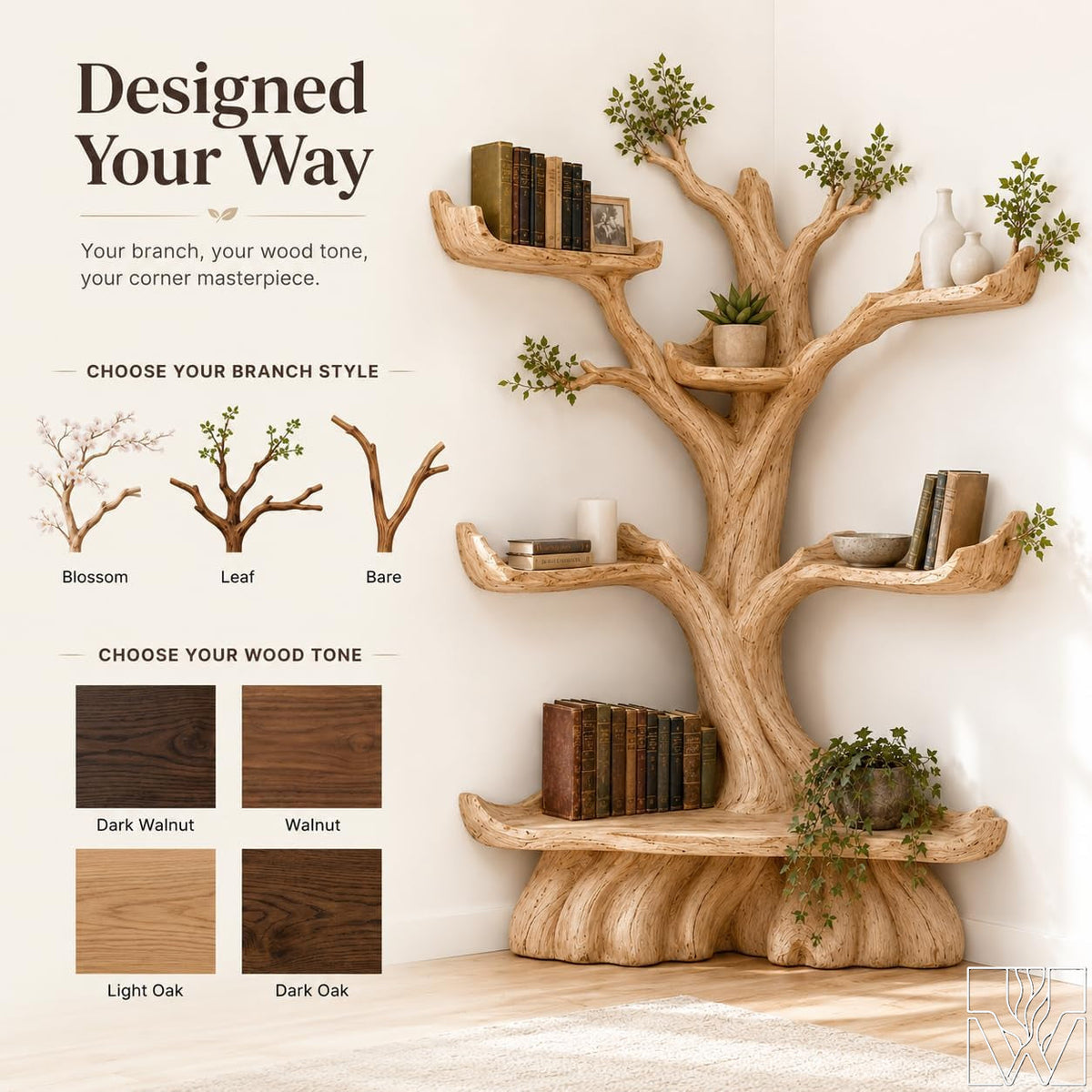 Handcrafted Tree Branch Book Shelf Corner Bookcase