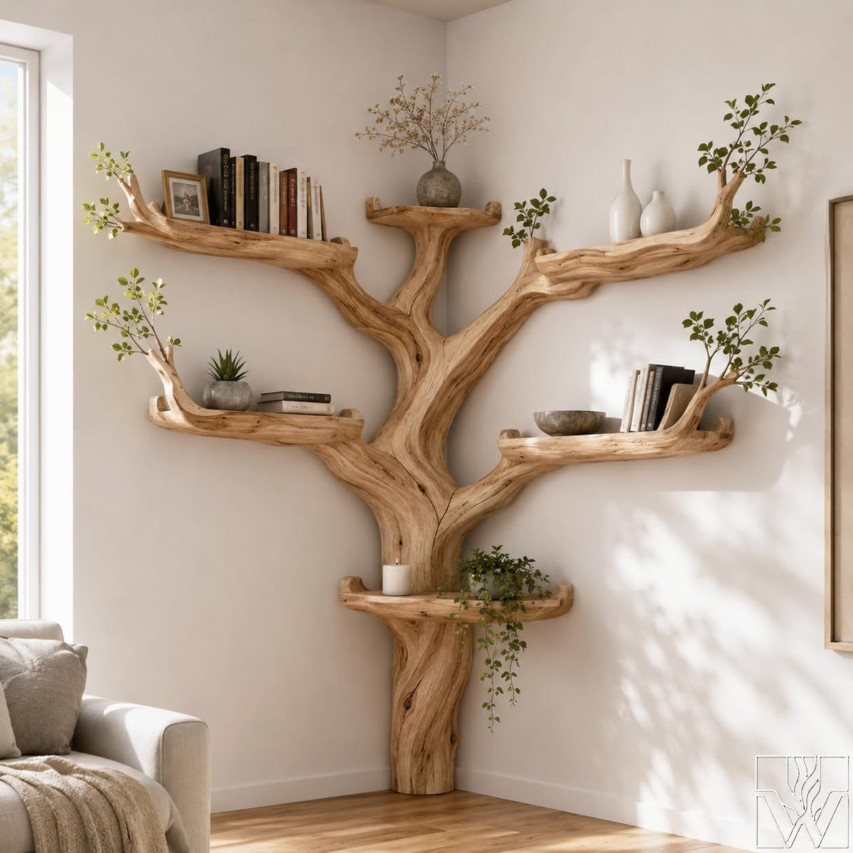 Handcrafted Tree Branch Book Shelf Corner Bookcase