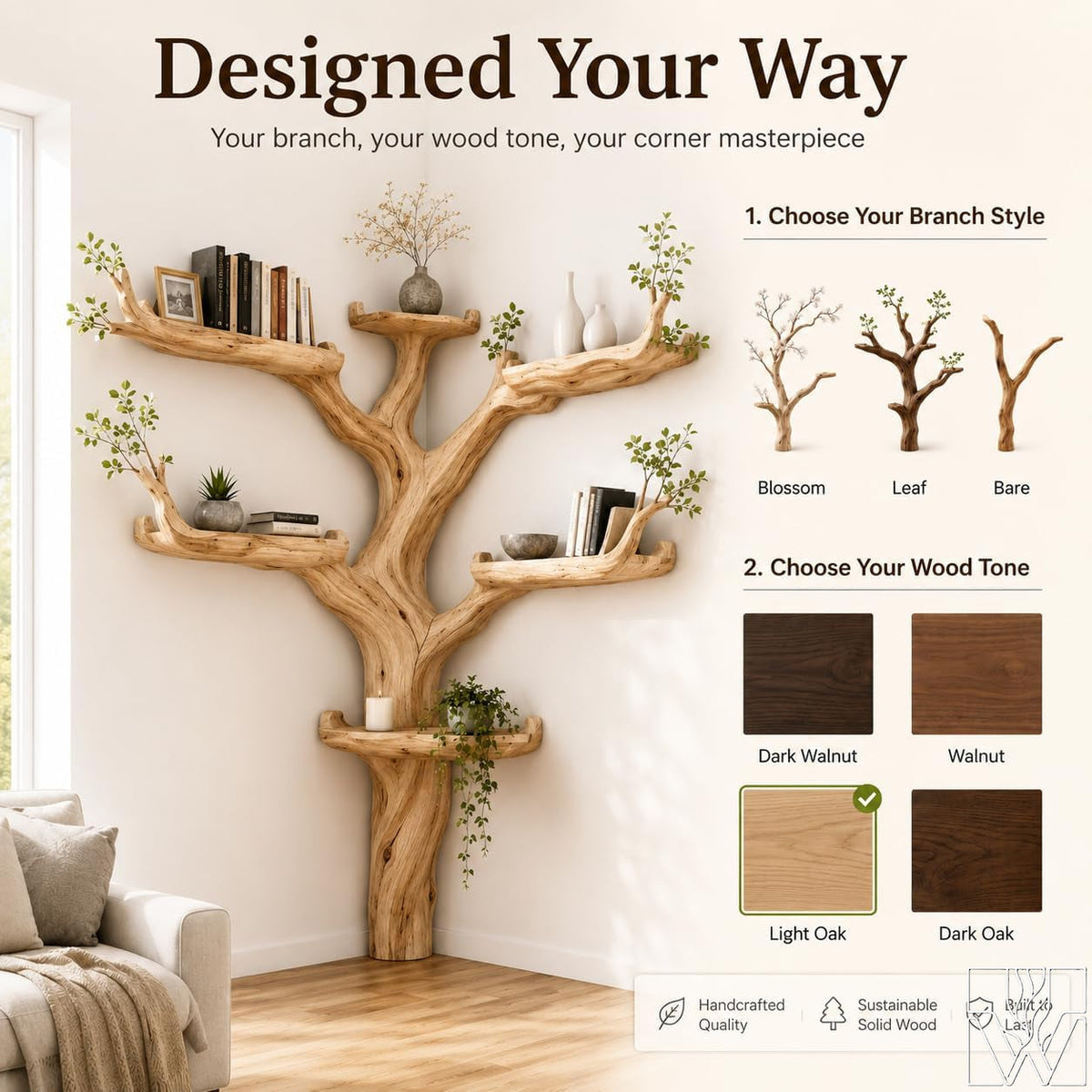 Handcrafted Tree Branch Book Shelf Corner Bookcase