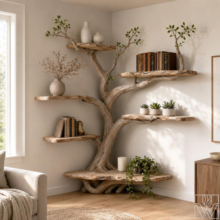 Handcrafted Tree Branch Floating Shelf Corner Bookcase