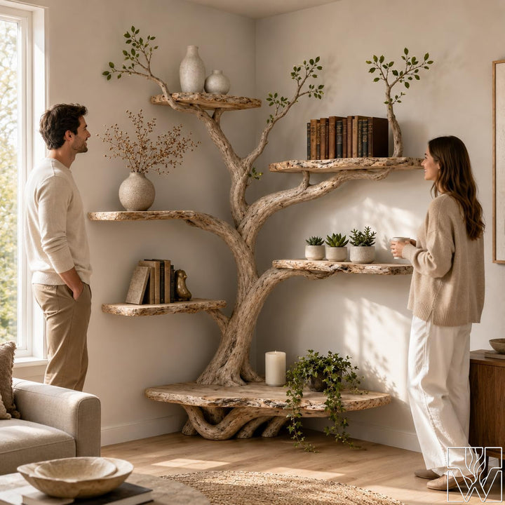 Handcrafted Tree Branch Floating Shelf Corner Bookcase