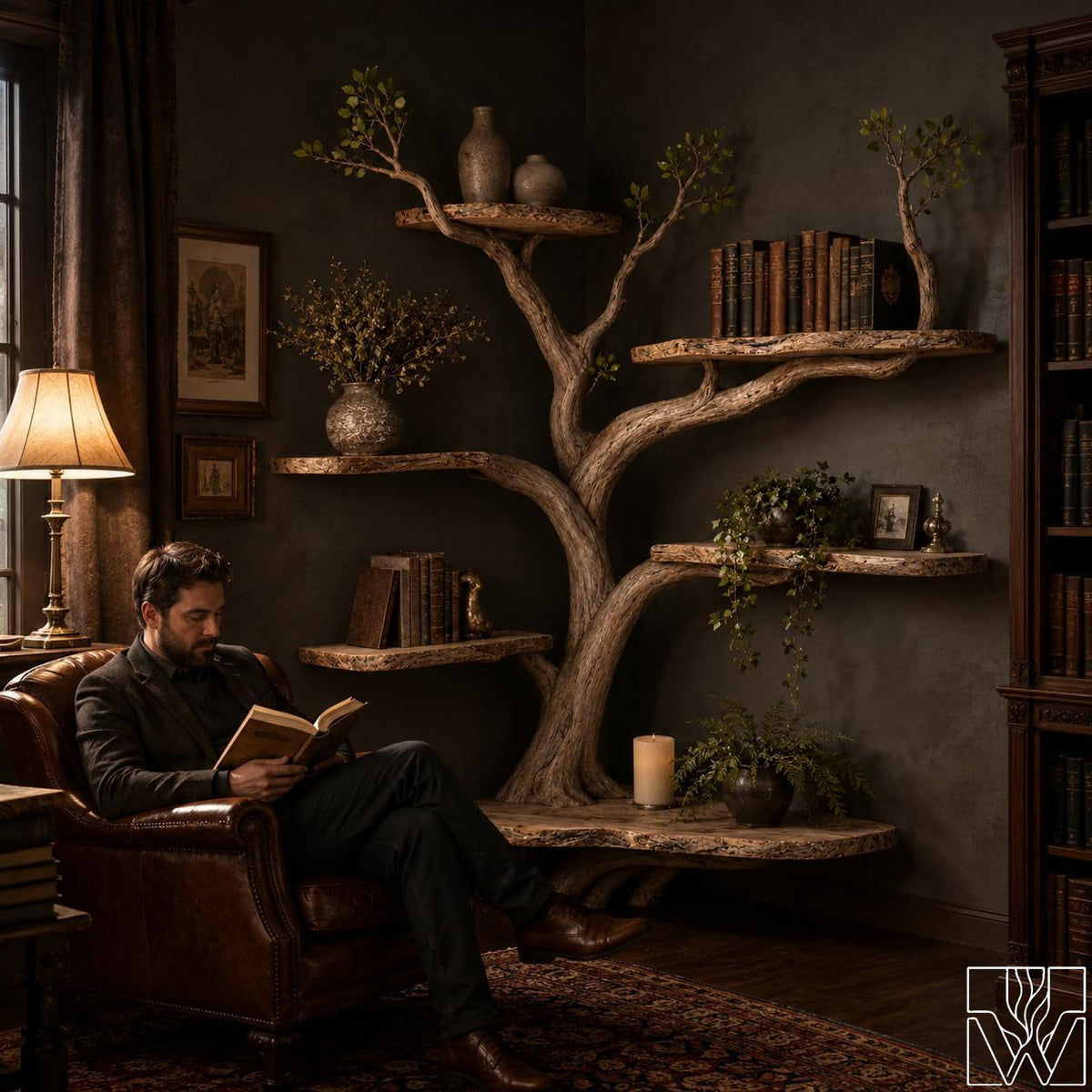Handcrafted Tree Branch Floating Shelf Corner Bookcase