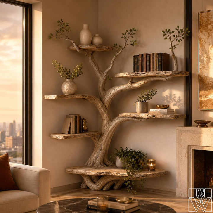 Handcrafted Tree Branch Floating Shelf Corner Bookcase