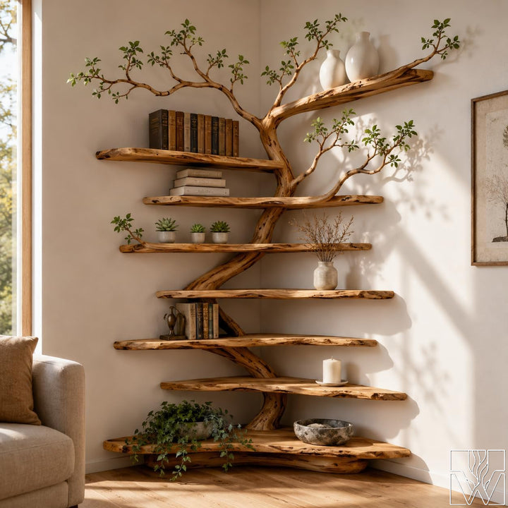Handcrafted Tree Branch Floating Shelf Corner Bookcase