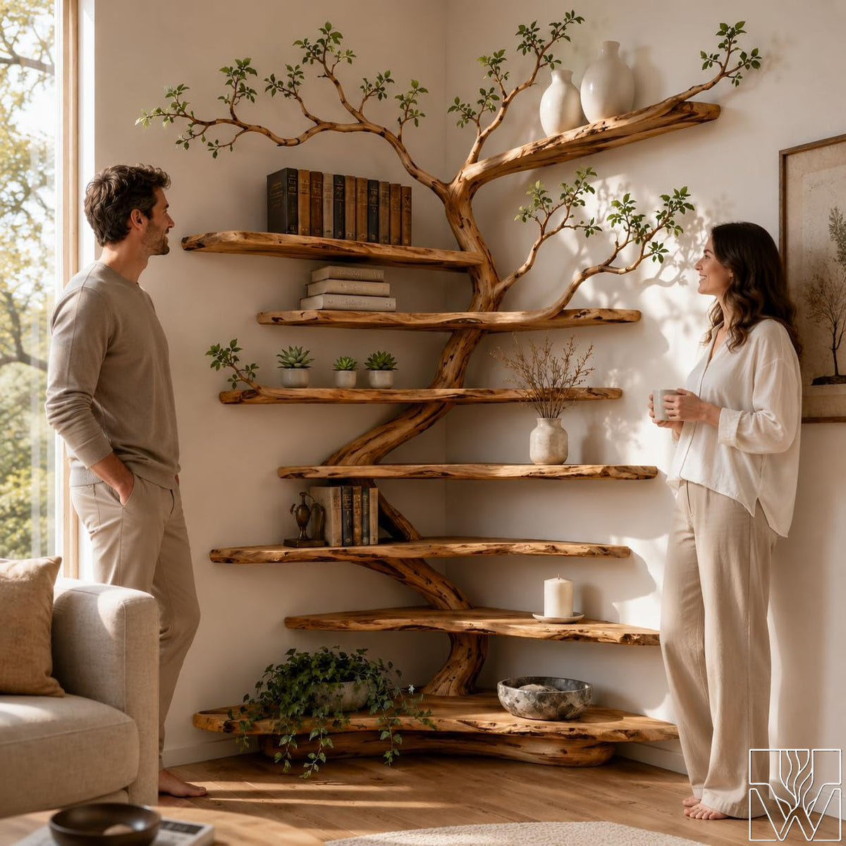 Handcrafted Tree Branch Floating Shelf Corner Bookcase
