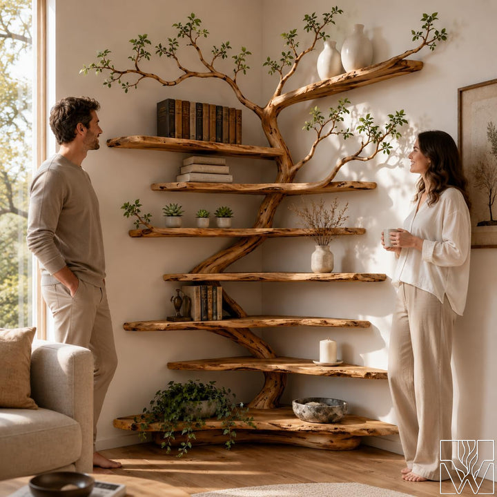 Handcrafted Tree Branch Floating Shelf Corner Bookcase