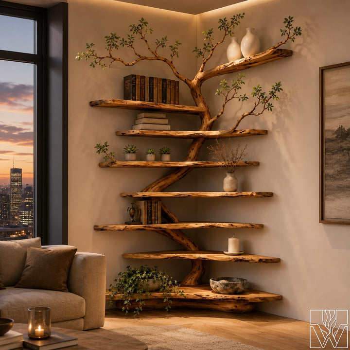 Handcrafted Tree Branch Floating Shelf Corner Bookcase