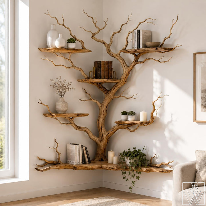 Handcrafted Tree Branch Floating Shelf Corner Bookcase