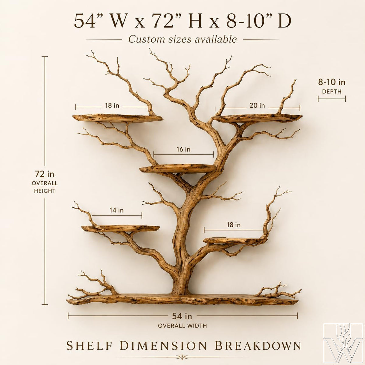 Handcrafted Tree Branch Floating Shelf Corner Bookcase