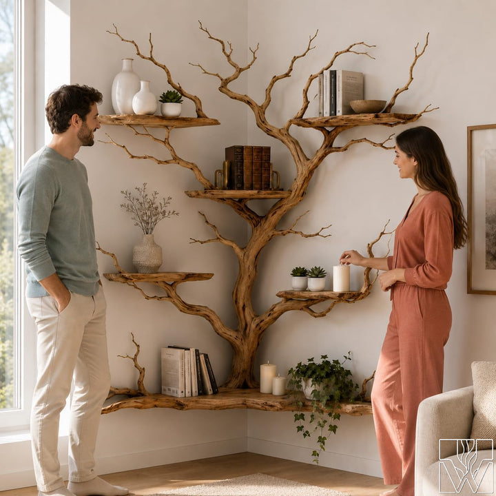 Handcrafted Tree Branch Floating Shelf Corner Bookcase