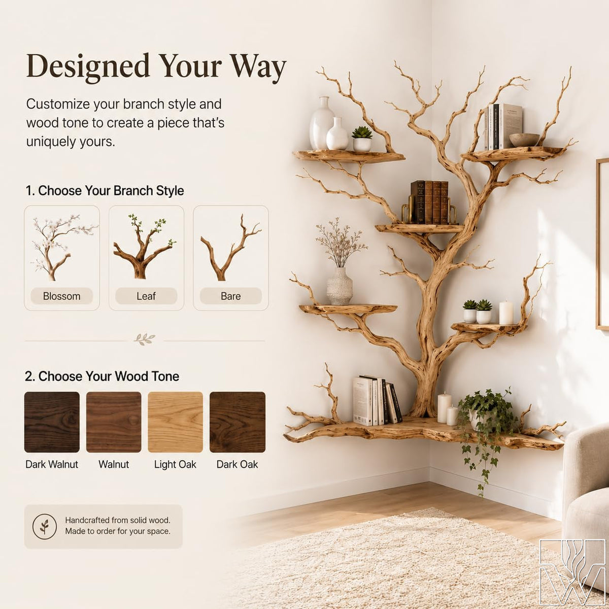 Handcrafted Tree Branch Floating Shelf Corner Bookcase