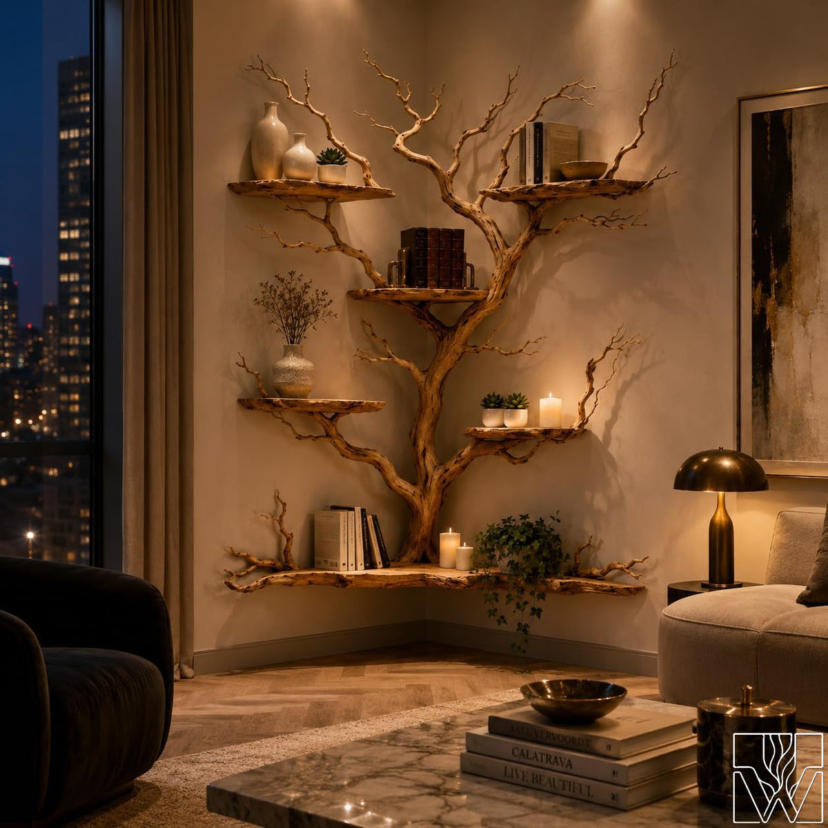 Handcrafted Tree Branch Floating Shelf Corner Bookcase