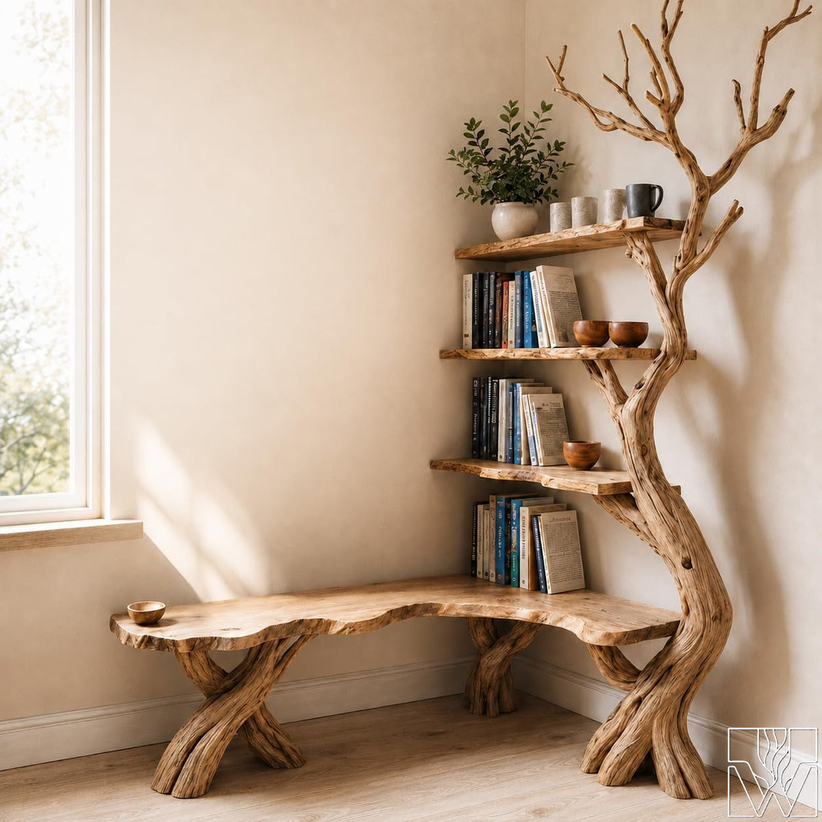 Handcrafted Natural Wood Corner Tree Bookshelf Whispering