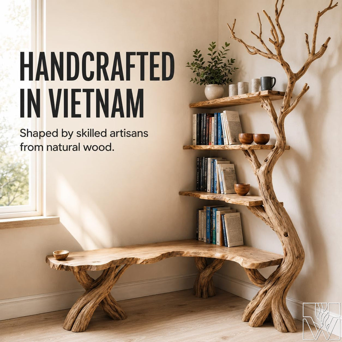 Handcrafted Natural Wood Corner Tree Bookshelf Whispering