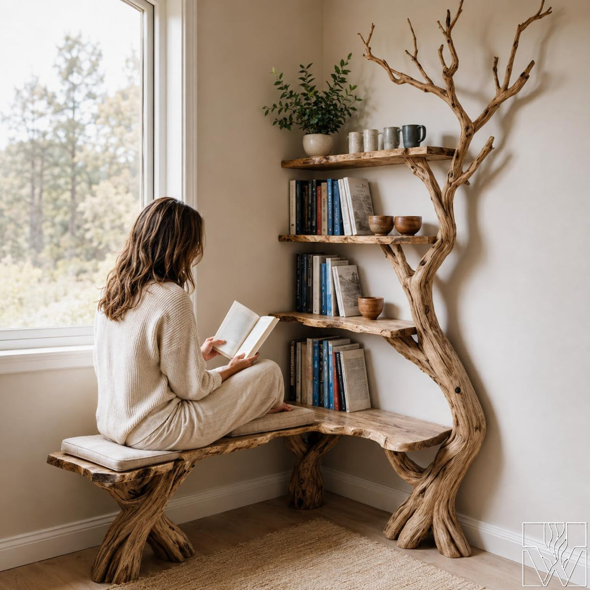 Handcrafted Natural Wood Corner Tree Bookshelf Whispering