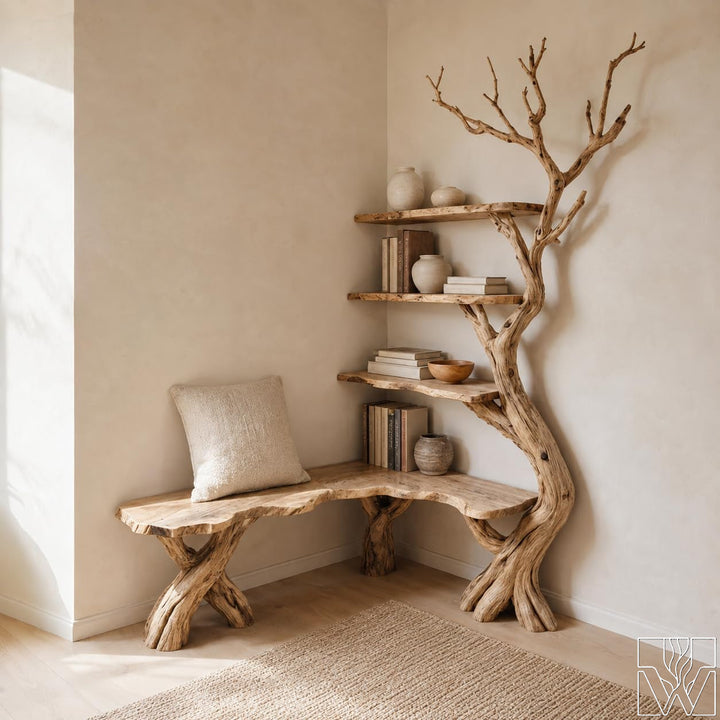 Handcrafted Natural Wood Corner Tree Bookshelf Whispering