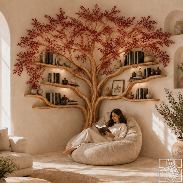 Handcrafted Natural Wood Corner Tree Bookshelf Crimson