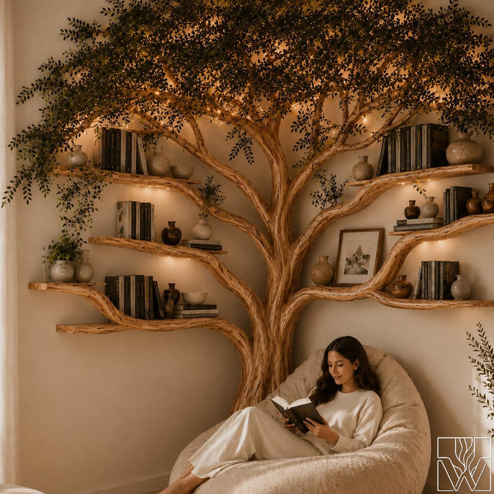 Handcrafted Natural Wood Corner Tree Bookshelf Crimson